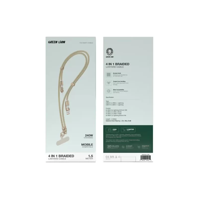 Green Lion 4 in 1 Braided Lanyard Cable with multiple connectors for fast charging and data transfer.