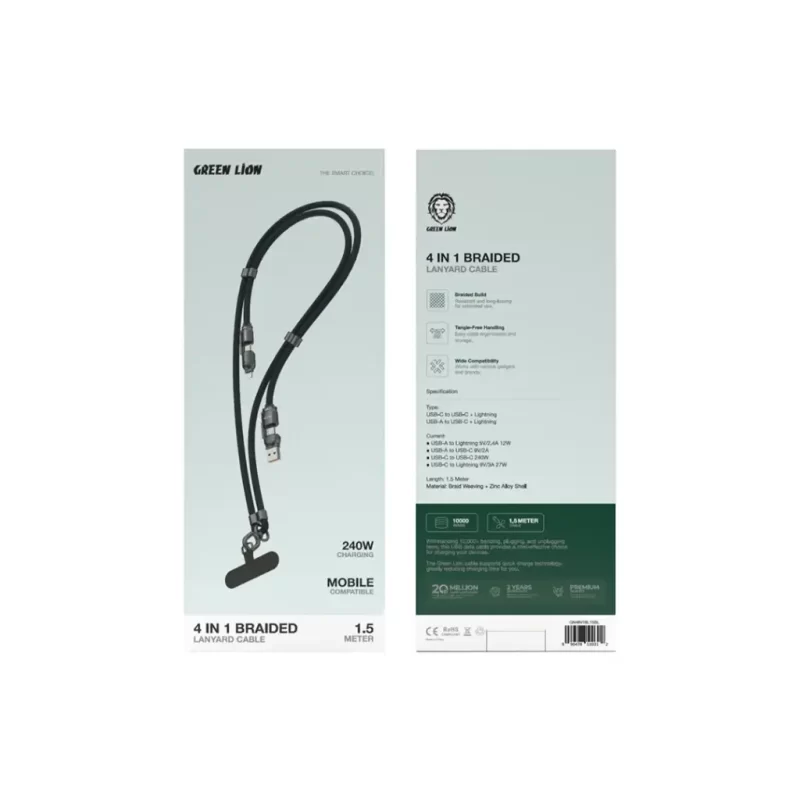 Green Lion 4 in 1 Braided Lanyard Cable with multiple connectors for fast charging and data transfer.