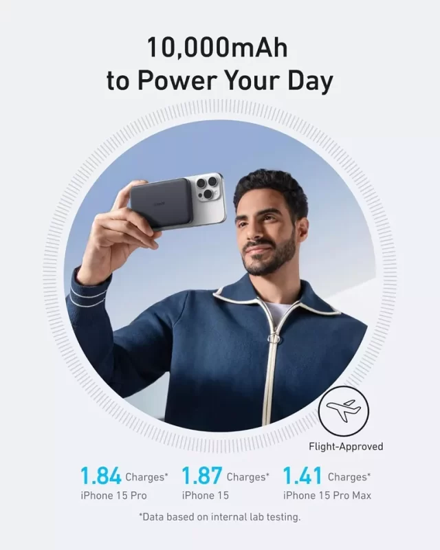 Anker MagGo 10000mAh Power Bank in sleek design with magnetic attachment.