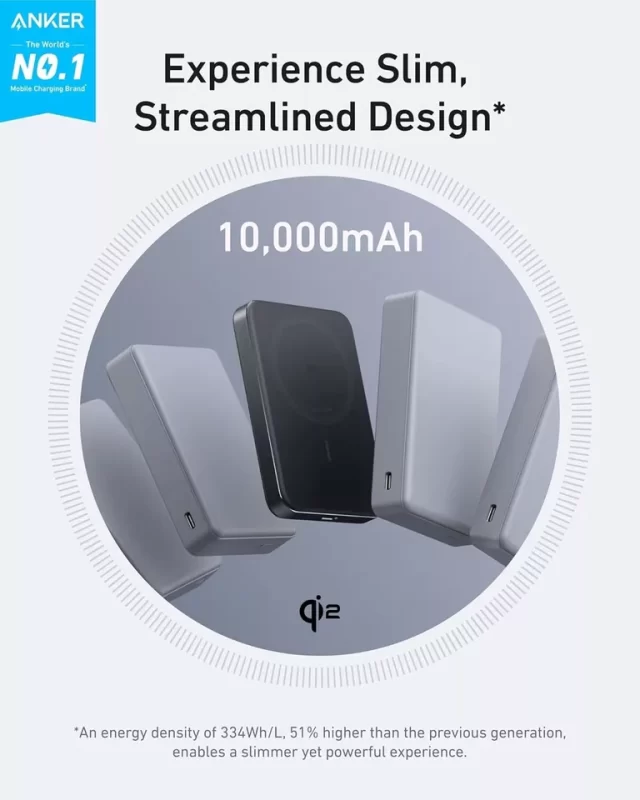 Anker MagGo 10000mAh Power Bank in sleek design with magnetic attachment.