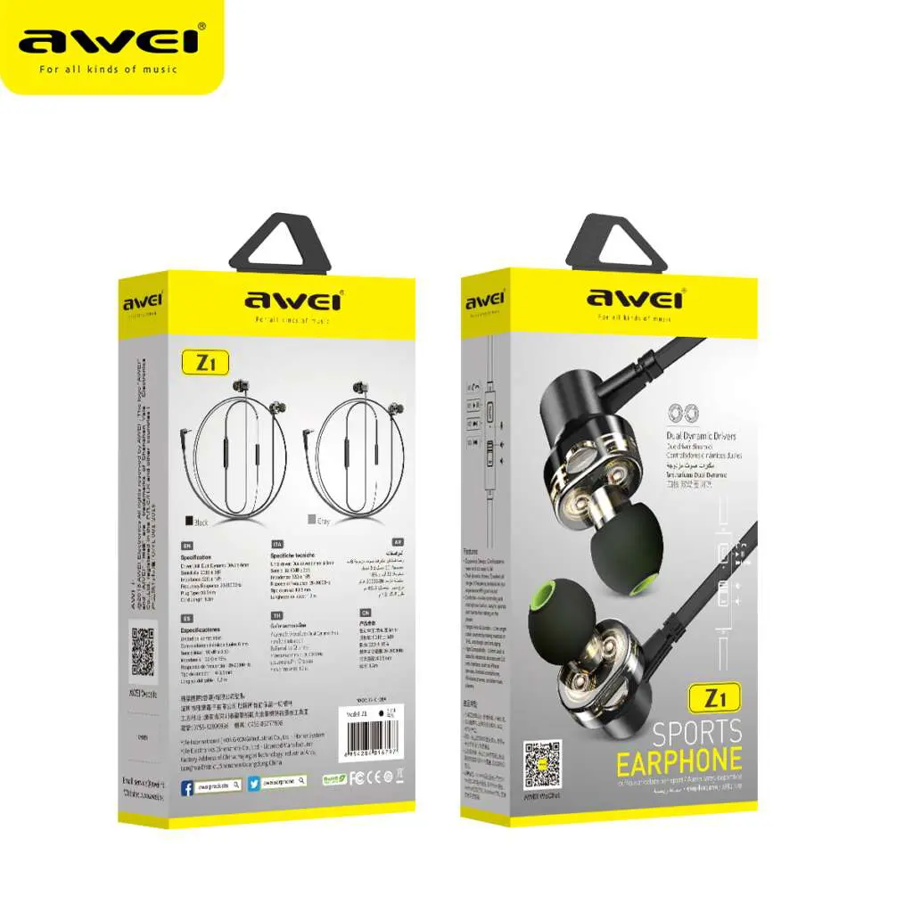 AWEI Z1 In Ear Wire Control Earphone Dual Dynamic Units EarBuds