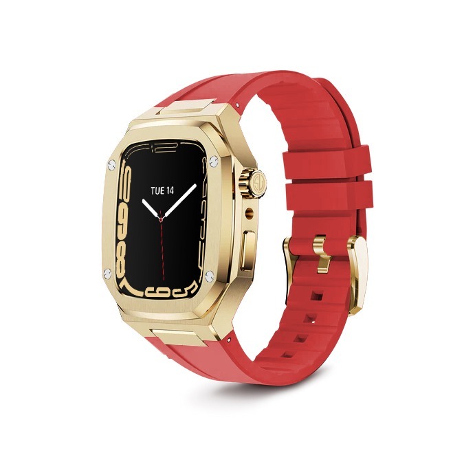 apple-watch-case-classic-45mm-gold-with-red-silicone-strap-live