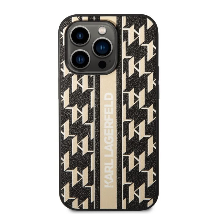 Karl Lagerfeld Grained PU Leather Case With Monogram Pattern Vertical Logo Stripe iPhone 14 Pro Max-Brown - Image 3