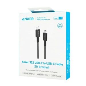 anker 322 USB-C to USB-C 3ft braided cable in black, 60W fast charging, compatible with laptops, tablets, and smartphones