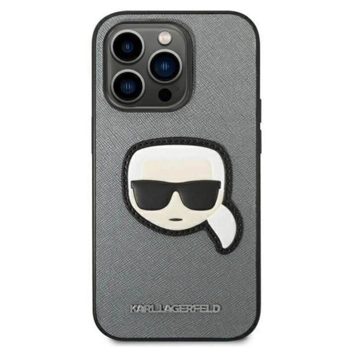Karl Lagerfeld Saffiano Karls Head Patch Hard Case for iPhone 14 Pro Max 6.7- Silver - Image 3
