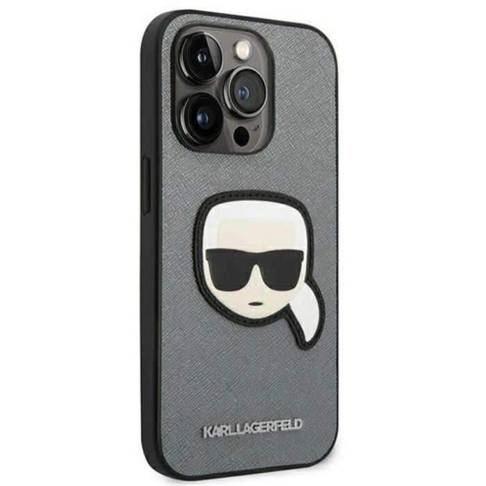 Karl Lagerfeld Saffiano Karls Head Patch Hard Case for iPhone 14 Pro Max 6.7- Silver - Image 2