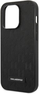 "Black Karl Lagerfeld Saffiano monogram case with metal plate logo for iPhone 14 Pro Max."