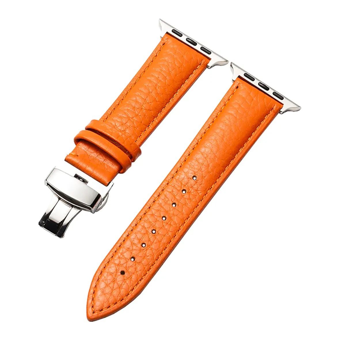 Apple-Watch-Band-Material-Quilted-PU-Leather-26.jpg New Leather Band With Stainless Steel Butterfly Lock for Apple Watch 44/45mm - Orange - Image 1