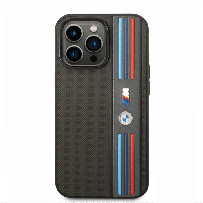 BMW M Collection PU Leather Mesh Case With Tricolor Lines For iPhone 14 Pro Max - Grey - Image 3