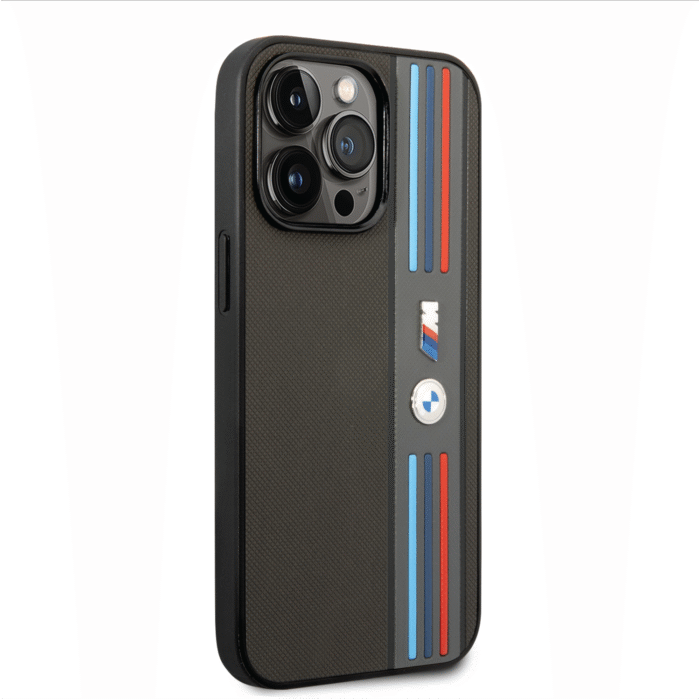BMW M Collection PU Leather Mesh Case With Tricolor Lines For iPhone 14 Pro Max - Grey - Image 2