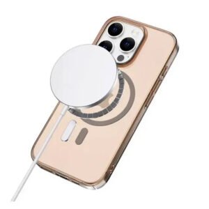 MagSafe charger attached to iPhone 16 Pro Max with Green Lion Delgado Case