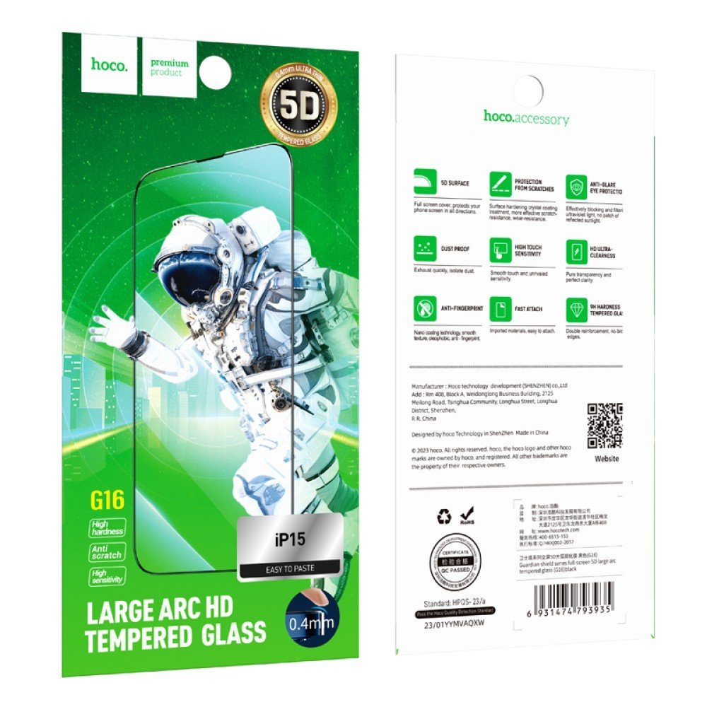 Hoco-G16-15-1000x1000-1.jpg Hoco Guardian shield 5D large arc tempered iPhone 15 (G16) - Image 1