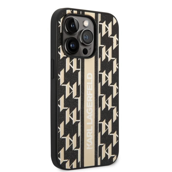 Karl Lagerfeld Grained PU Leather Case With Monogram Pattern Vertical Logo Stripe iPhone 14 Pro Max-Brown - Image 2