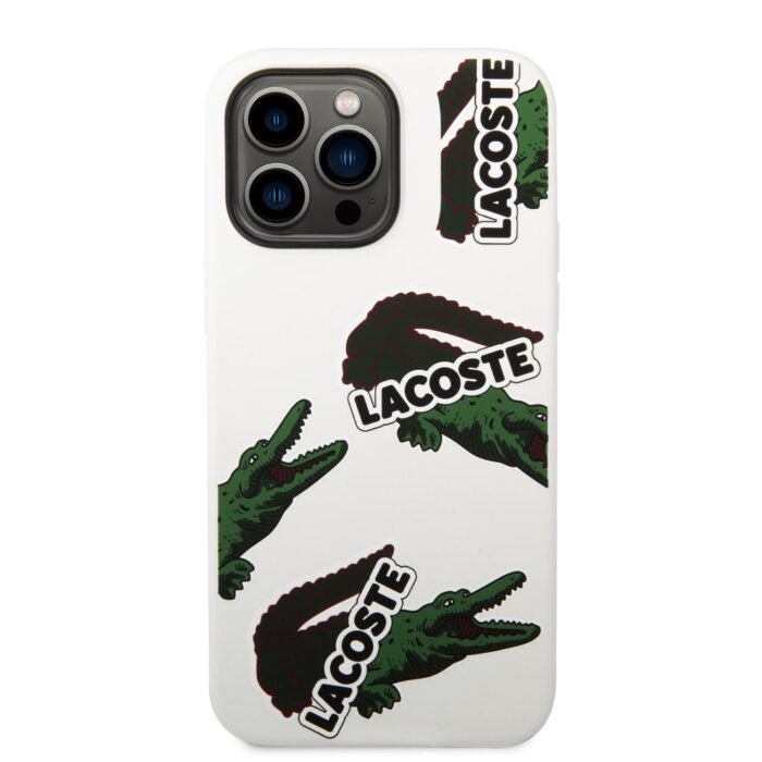 Lacoste Hard Case Liquid Silicone Microfiber Allover Pattern Compatible with iPhone 14 Pro Max/iPhone 15 Pro Max- White - Image 3