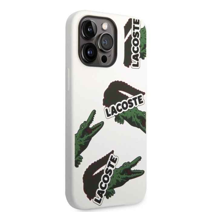 Lacoste Hard Case Liquid Silicone Microfiber Allover Pattern Compatible with iPhone 14 Pro Max/iPhone 15 Pro Max- White - Image 4
