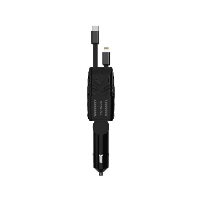 Porodo 66W Car Charger Lightning Type-C - Black - Image 3