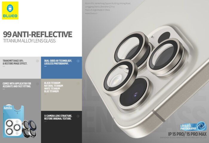 BlueO glass for iPhone 16 Pro/16 Pro Max, Camera lens Acrylic frame 3 pcs Clear (+installer) - Image 2