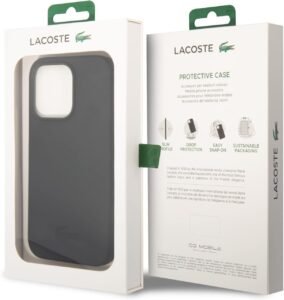 “Black Lacoste liquid silicone microfiber case with glossy logo for iPhone 14 Pro Max and iPhone 15 Pro Max”