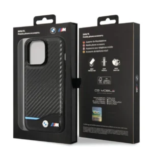 āBMW M Collection MagSafe PU Carbon Case with Blue Line and Printed Logo for iPhone 14 Pro Max ā Blackā