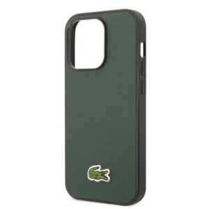 Green Lacoste hard case with woven logo for iPhone 14 Pro Max and iPhone 15 Pro Max."