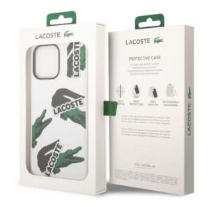 “White Lacoste liquid silicone hard case with allover pattern for iPhone 14 Pro Max and iPhone 15 Pro Max.”