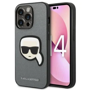"Silver Karl Lagerfeld Saffiano hard case with Karl’s Head patch for iPhone 14 Pro Max."