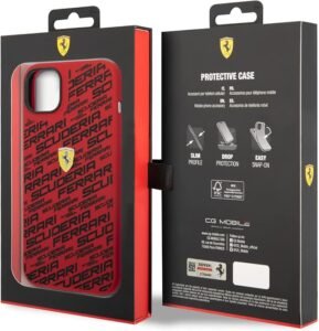 “Ferrari red liquid silicone case with all-over Scuderia print for iPhone 14 Pro Max and iPhone 15 Pro Max”