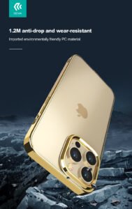 “Devia Glimmer Series iPhone 14 Pro Max case in gold with sparkly finish and protective design”