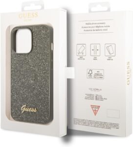 "Green glitter Guess hard case for iPhone 14 Pro Max."