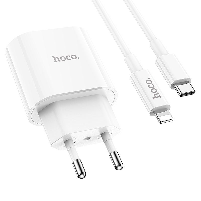 hoco-c94a-metro-single-port-pd20w-wall-charger-eu-tc-to-ltn-set-connectors.jpg Hoco C94A Mains Charger, (20 W, Power Delivery (PD), Fast Charge, white, with cable USB type C to Lightning for Apple, 1 output) - Image 1