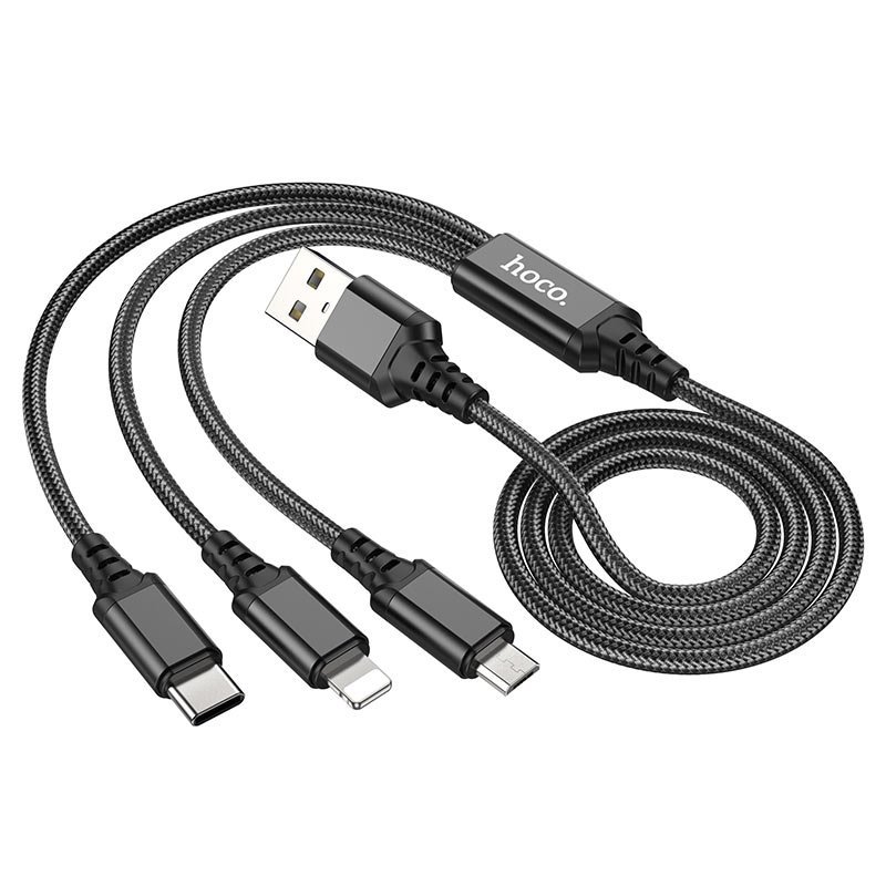 hoco-x76-3in1-super-charging-cable-ltn-tc-musb-flexible.jpg HOCO 3in1 Cable USB to iPhone Port 8-pin + Micro + Type C X76 Black 1m - Image 1