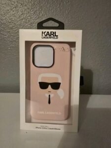 Pink Karl Lagerfeld silicone hard case for iPhone 14 Pro Max and iPhone 15 Pro Max.