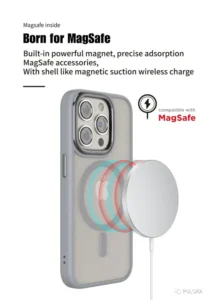 "Puloka Magnetic Case iPhone 15 Pro Max Grey demonstrating MagSafe wallet and charger attachment"