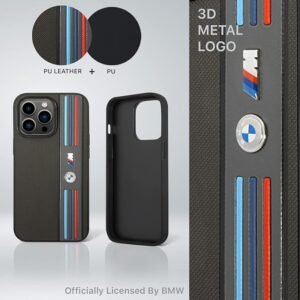 “BMW M Collection PU Leather Mesh Case with Printed Tricolor Lines and Logo for iPhone 14 Pro Max – Grey”