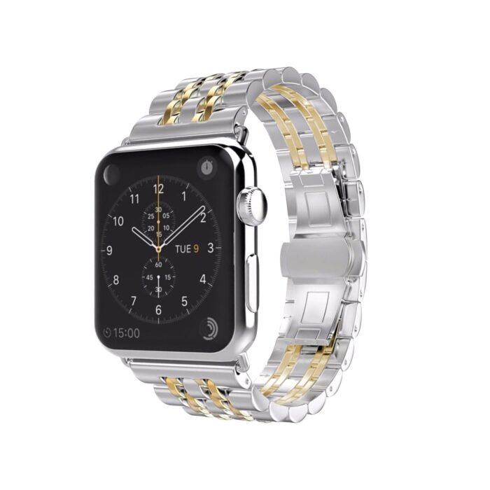 silver-gold-2-scaled-1.jpg Apple Watch Stainless Steel Band  42/44/45 mm - Silver With Two Lines Gold - Image 1