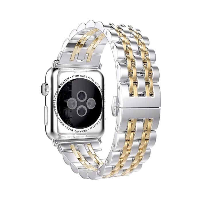 silver-gold-4-scaled-1.jpg Apple Watch Stainless Steel Band  42/44/45 mm - Silver With Two Lines Gold - Image 2