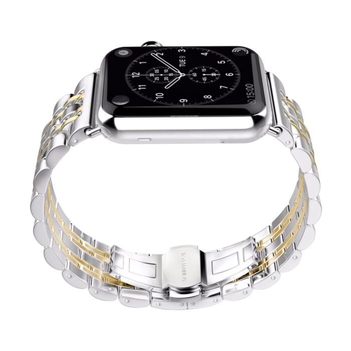 silver-gold-5-scaled-1.jpg Apple Watch Stainless Steel Band  42/44/45 mm - Silver With Two Lines Gold - Image 5