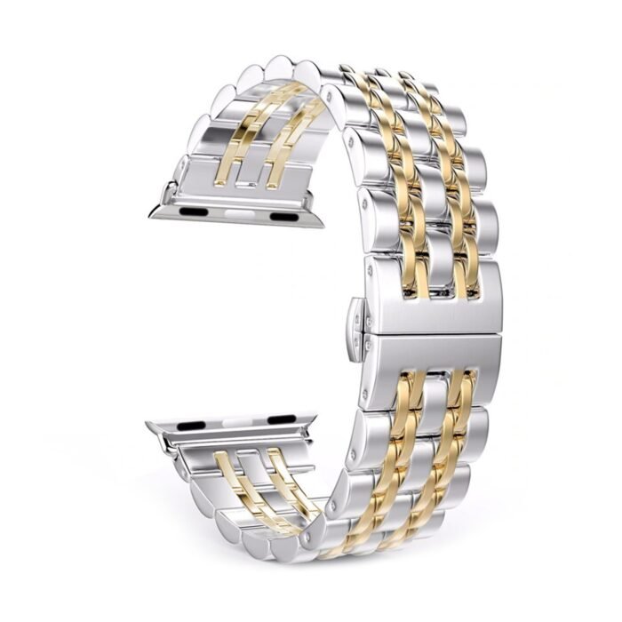 silver-gold-6-scaled-1.jpg Apple Watch Stainless Steel Band  42/44/45 mm - Silver With Two Lines Gold - Image 6