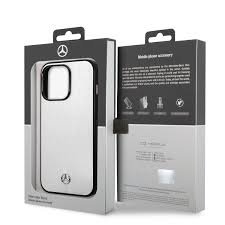 Silver Benz aluminum case with star pattern for iPhone 14 Pro Max.