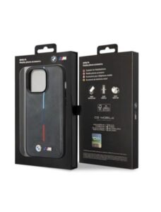 “Grey BMW M Collection iPhone 14 Pro Max case with hot stamped tricolor stripe and BMW M branding”