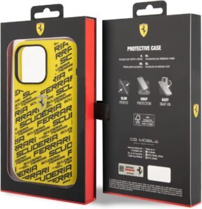 “Yellow Ferrari silicone case with all-over Scuderia print for iPhone 14 Pro Max and 15 Pro Max” 