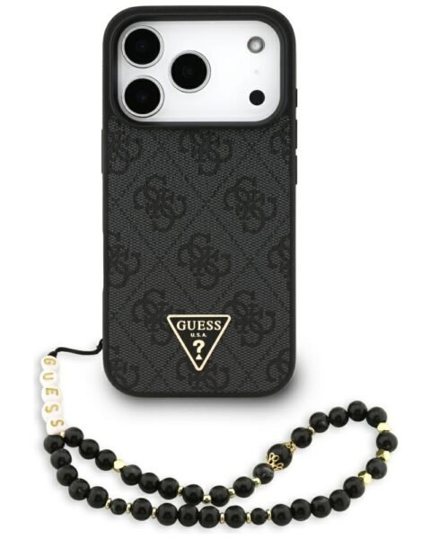Guess MagSafe Leather Case for iPhone 17 Pro – black with Wrist Strap