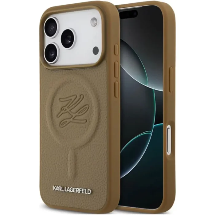 Karl Lagerfeld MagSafe PU Leather Case with Initial Debossed Logo for iPhone 17 Pro Max, Slim Profile -Brown - Image 3