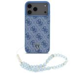 guess magsafe leather case for iphone 18 pro max blue with wrist strap on black iPhone