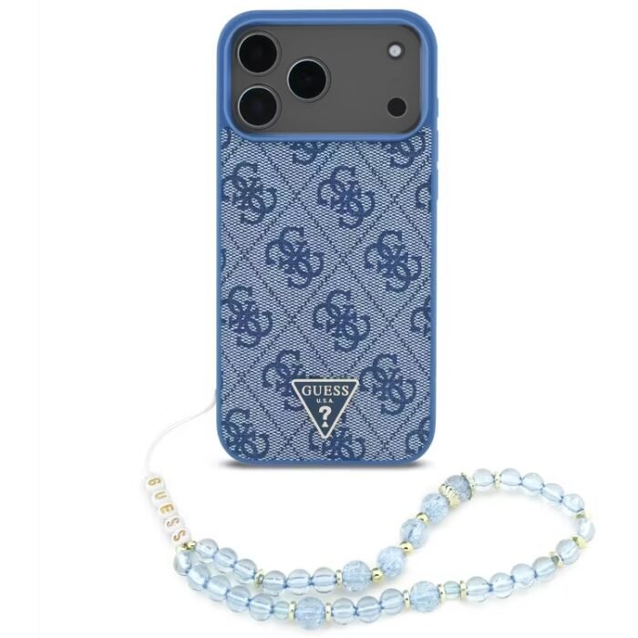 guess magsafe leather case for iphone 18 pro max blue with wrist strap on black iPhone
