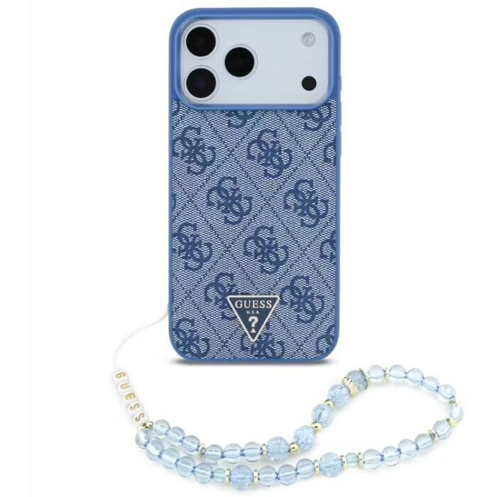 guess magsafe leather case for iphone 18 pro max blue with wrist strap on glacier iPhone