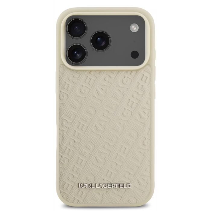 karl lagerfeld magsafe full wrapped pu leather case with karl grain for iphone 18 pro max beige on black iPhone