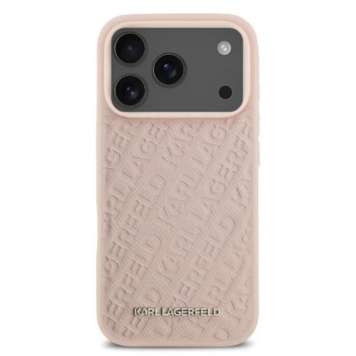 karl lagerfeld magsafe full wrapped pu leather case with karl grain for iphone 18 pro max pink on black iPhone