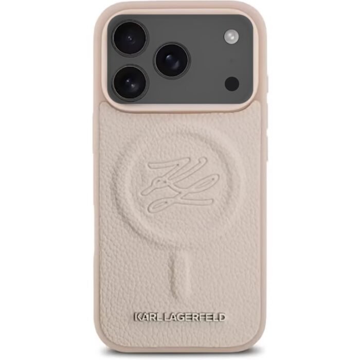 karl lagerfeld magsafe pu leather case with initial debossed logo for iphone 18 pro max pink on black iPhone