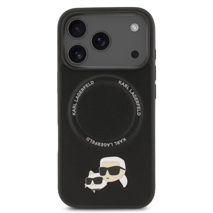 karl lagerfeld pu leather case with karl choupette head pins for iphone 18 pro max black on black iPhone